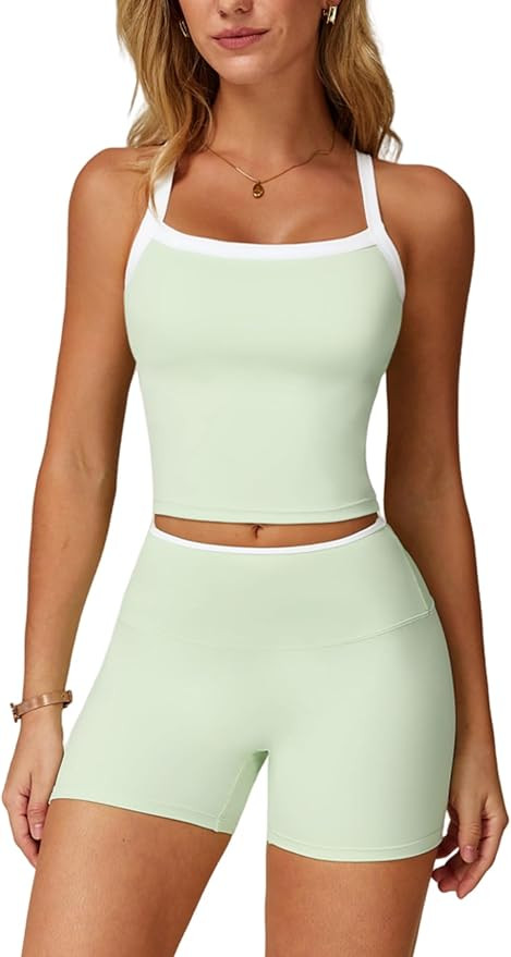 Women 2 Piece Workout Sets Padded Criss Cross Back Crop Tank High Waist Tummy Control Shorts Yoga... | Amazon (US)