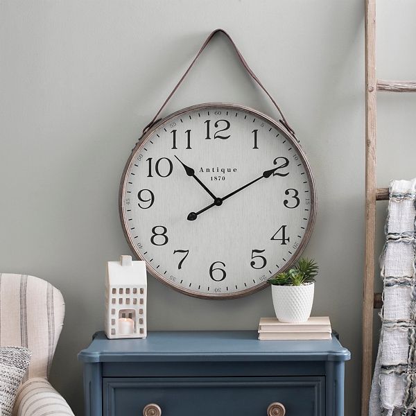 Distressed Gray Metal Clock with Leather Strap | Kirklands | Kirkland's Home