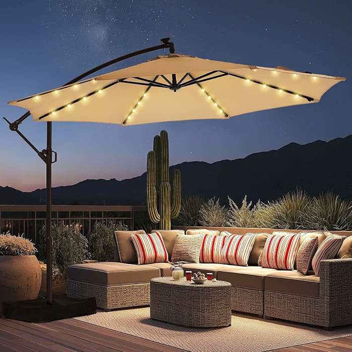 HOMSHADE 10ft Solar Lights Offset Cantilever Patio Umbrella - with Light and Base, LED Lighted Of... | Amazon (US)