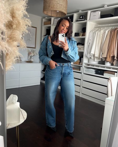 Love these 90s baggy fit jeans! They’re tall girl friendly and run TTS! I paired them with this crop denim jacket (runs a little oversized, I’m wearing a Large) and this super nice skims dupe bodysuit in my true size Large but size down for a more fitted feel. Love! 

#LTKmidsize #LTKstyletip #LTKfindsunder50