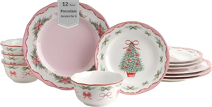 222 Fifth Pinkmas 12-Piece Porcelain Dinnerware Set for 4- Charming Pink & White Plates and Bowls... | Amazon (US)