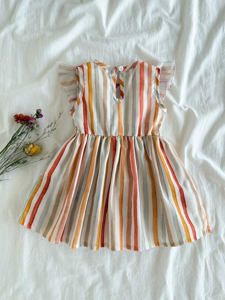 Vintaside Kids Baby Girl Vacation Casual Colorblock Striped Ruffle Trim Dress | SHEIN