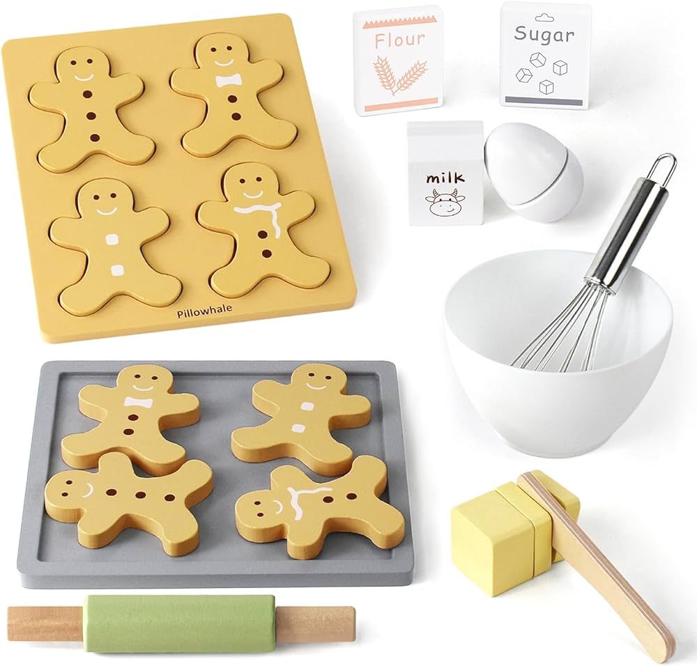 Wooden Toy Biscuits Baking Set,Pretend Play Food Sets for Kids Kitchen,Wooden Gingerbread Cookies... | Amazon (US)