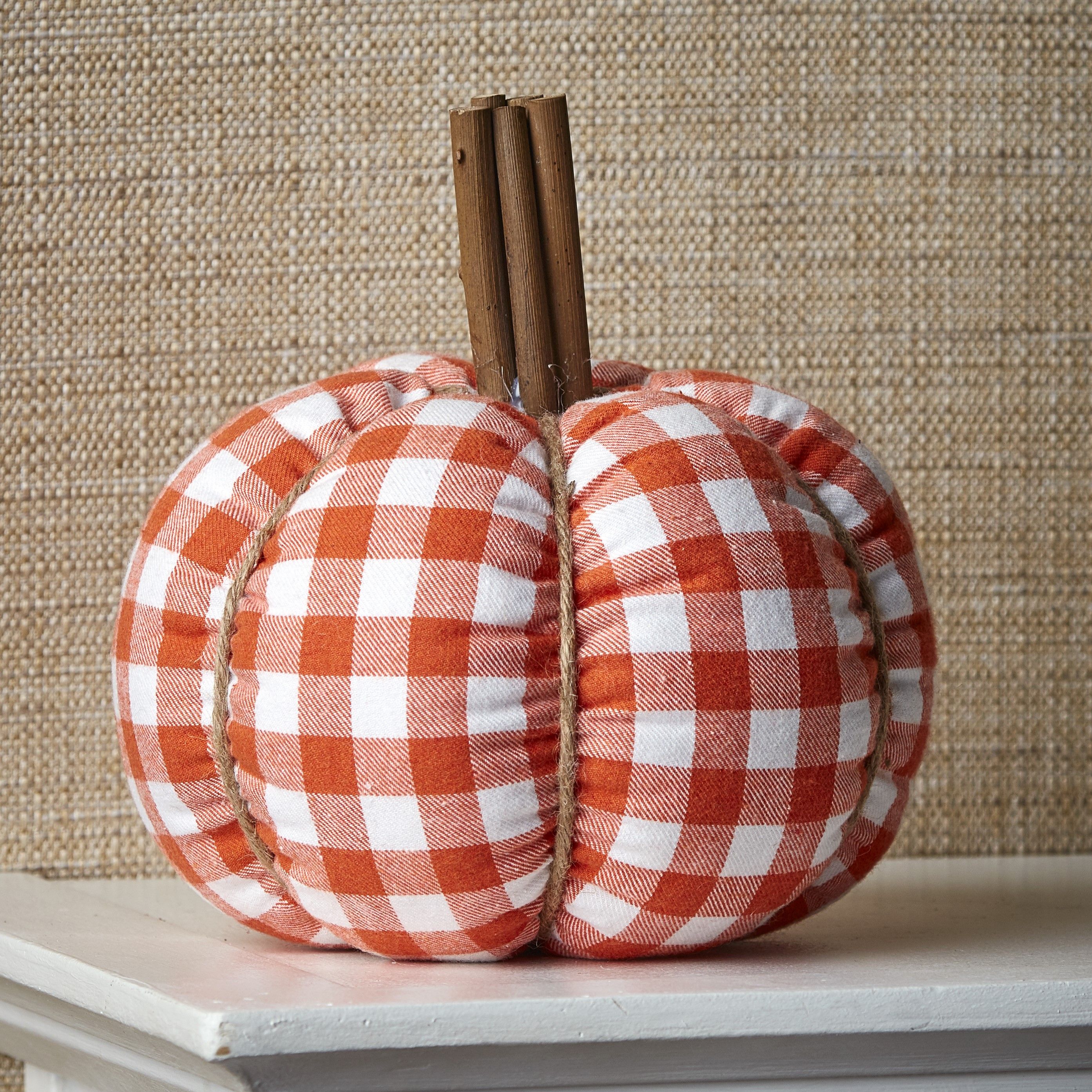 Plaid Plush Decorative Pumpkins Fall Tabletop Decor with Wooden Stem and Jute Wrap - Small Orange | Walmart (US)