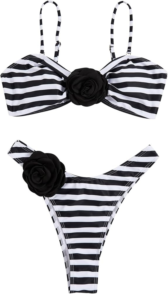 Women's 2 Piece Bikini Set High Waisted Bathing Suit Tie Back 3D Rose High Cut Thong Bikini Swims... | Amazon (US)