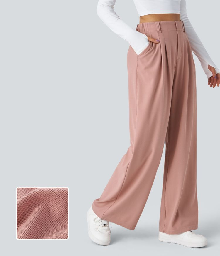 Women’s High Waisted Plicated Side Pocket Wide Leg Waffle Work Pants - Halara | HALARA