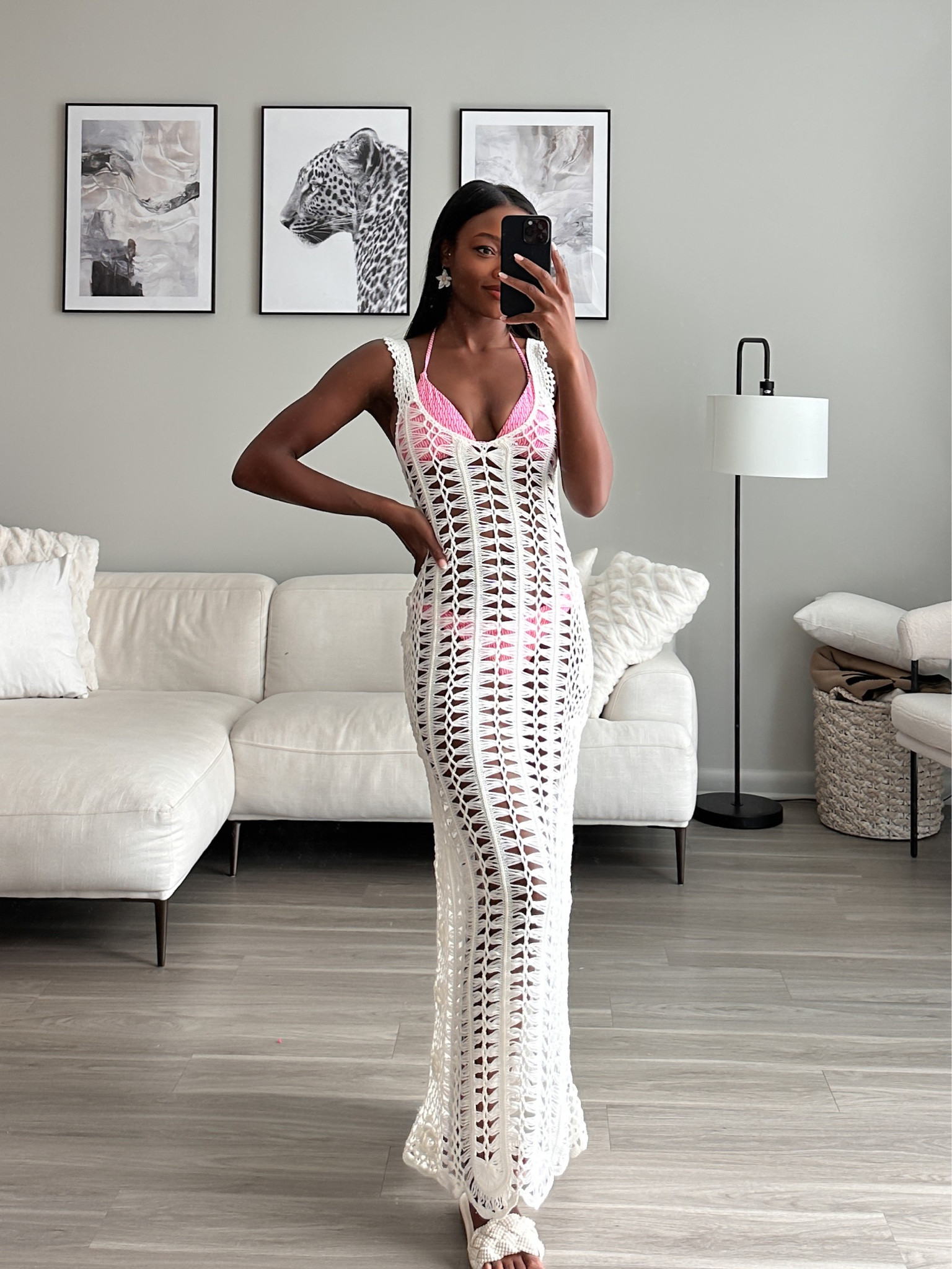 Pink swimsuit, pink bikini, triangle bikini, white crochet cover-up, beach cover-up, maxi dress, Pearl sandals, white slides, flower earrings, pool day style, pool day outfit, Miami outfit, beach club outfit 

#LTKswim #LTKunder50 #LTKtravel