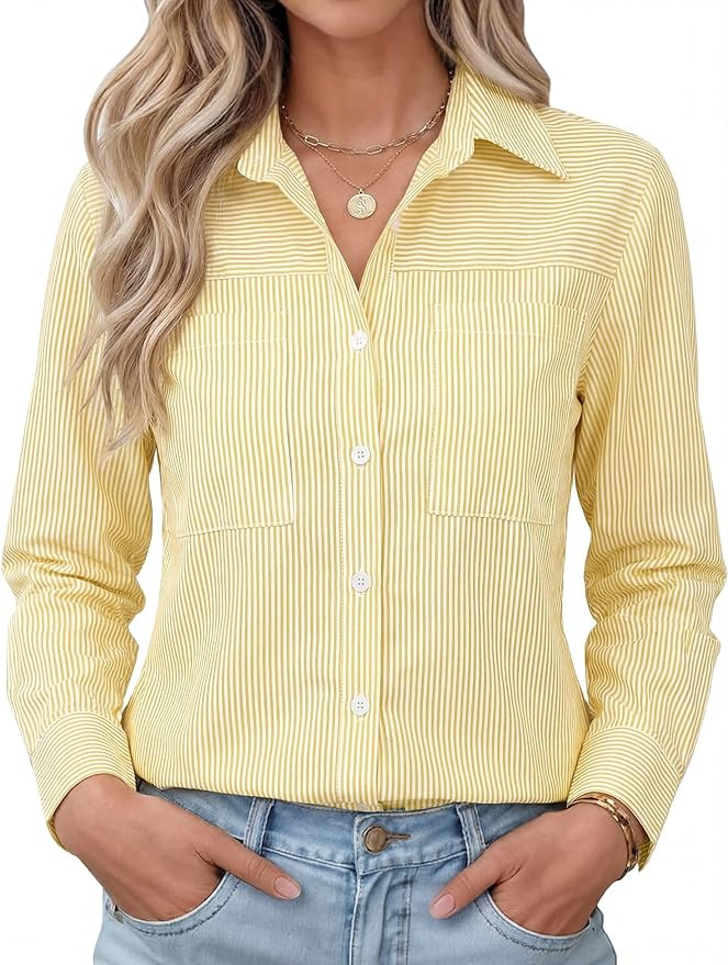 Button Down Shirts for Women Long Sleeve Cotton Striped Dress Shirts Casual Collared Blouses Busi... | Amazon (US)