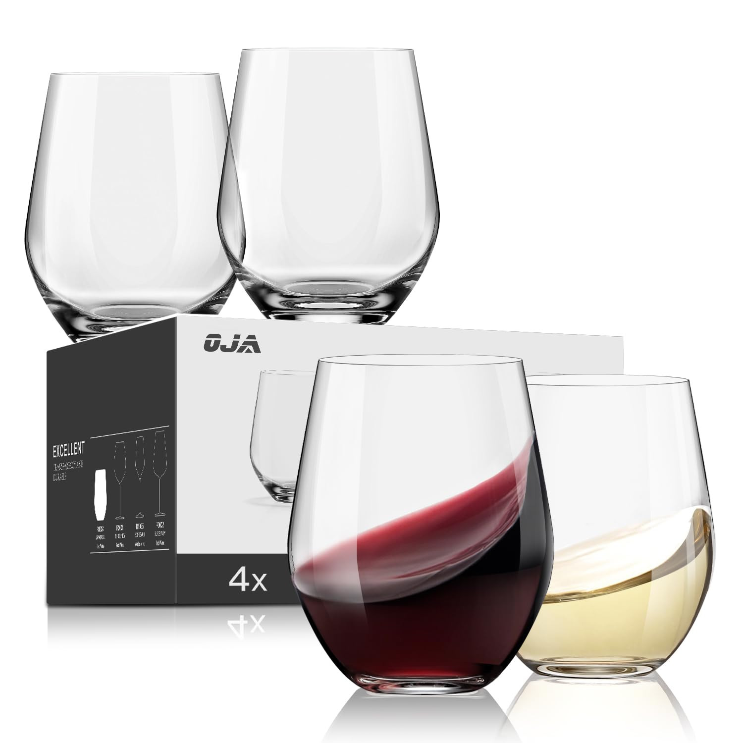 Stemless Wine Glasses Set of 4, Red White Wine Glasses, No Stem, Clear, 15oz, Premium Crystal Stu... | Amazon (US)
