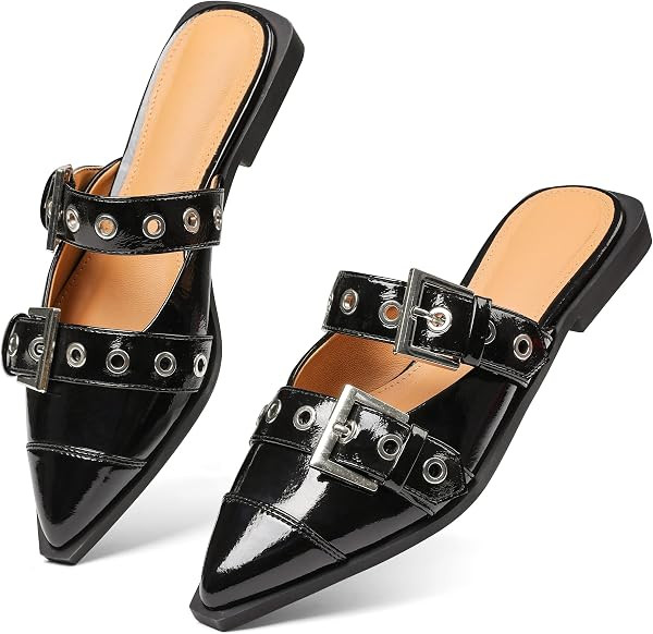 Buckle Flats for Women Pointy Toe Mules Low Block Heel Ballerina Flats | Amazon (US)