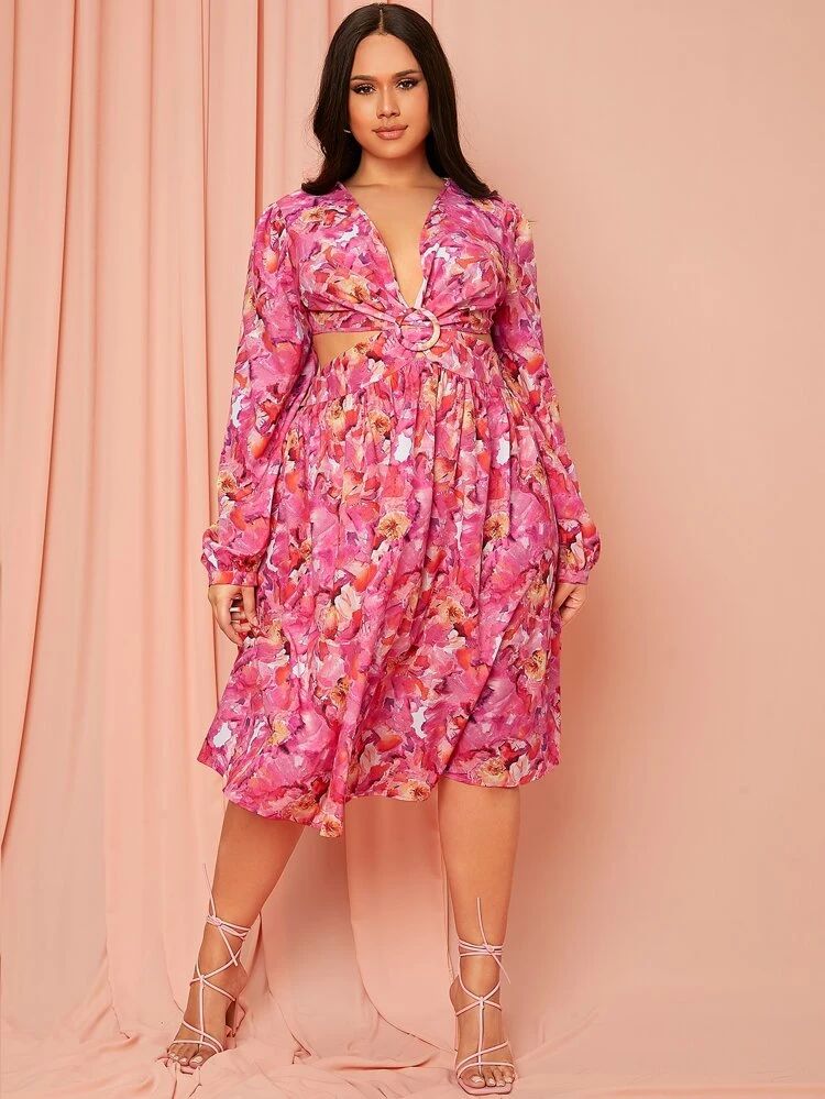 SHEIN Plus Floral Print Cut Out Dress | SHEIN