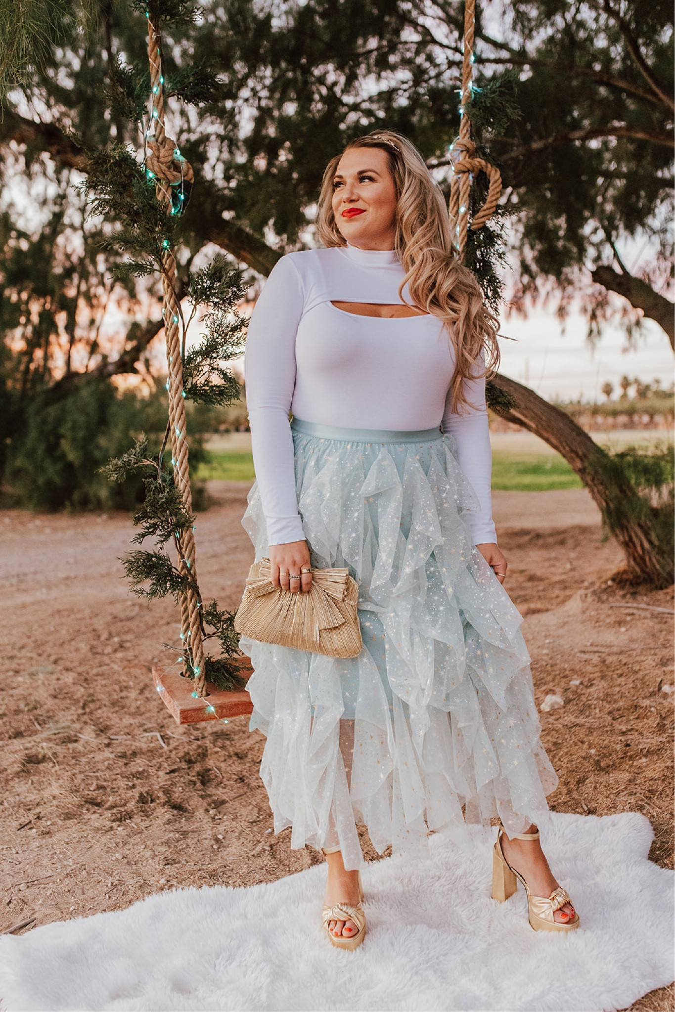 my Pink Desert twinkle fairy mint tulle midi skirt for the Holidays! wearing size xl. is lined and has an elastic waist + gold star print. goes to size xxxl! wearing xl in bodysuit 

#LTKcurves #LTKunder100 #LTKHoliday