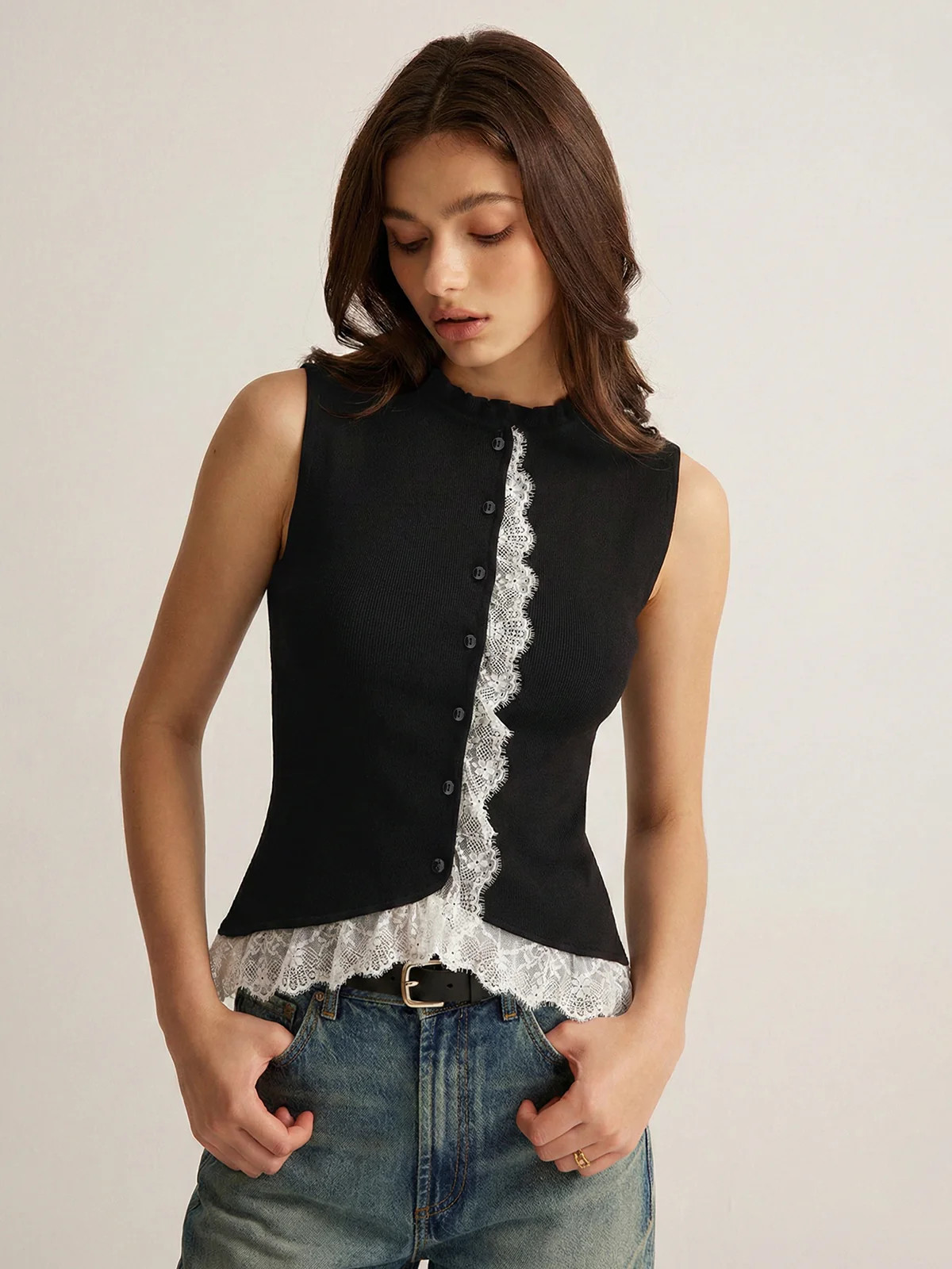 Lace Trim Button Front Knit Vest | Commense
