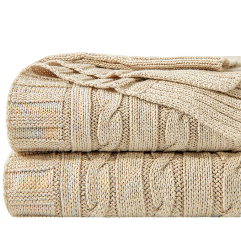 NT Bay Cotton Cable Knit Throw Blanket, Super Soft Warm Breathable Bed Blanket, 51" x 67", Khaki | Walmart (US)