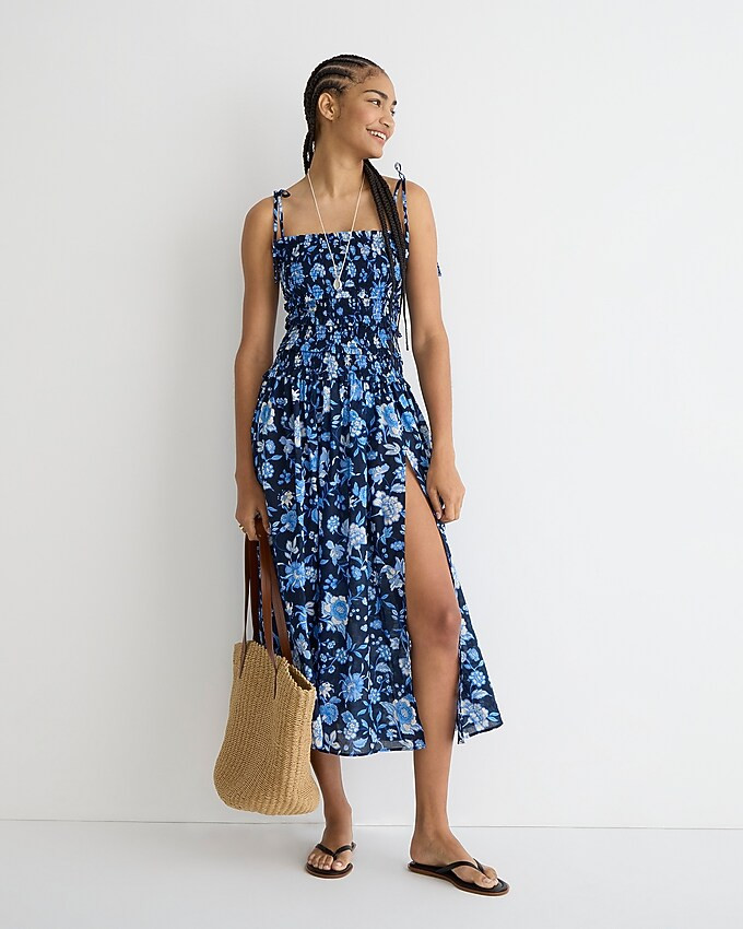 Smocked midi dress in midnight-blue floral | J. Crew US