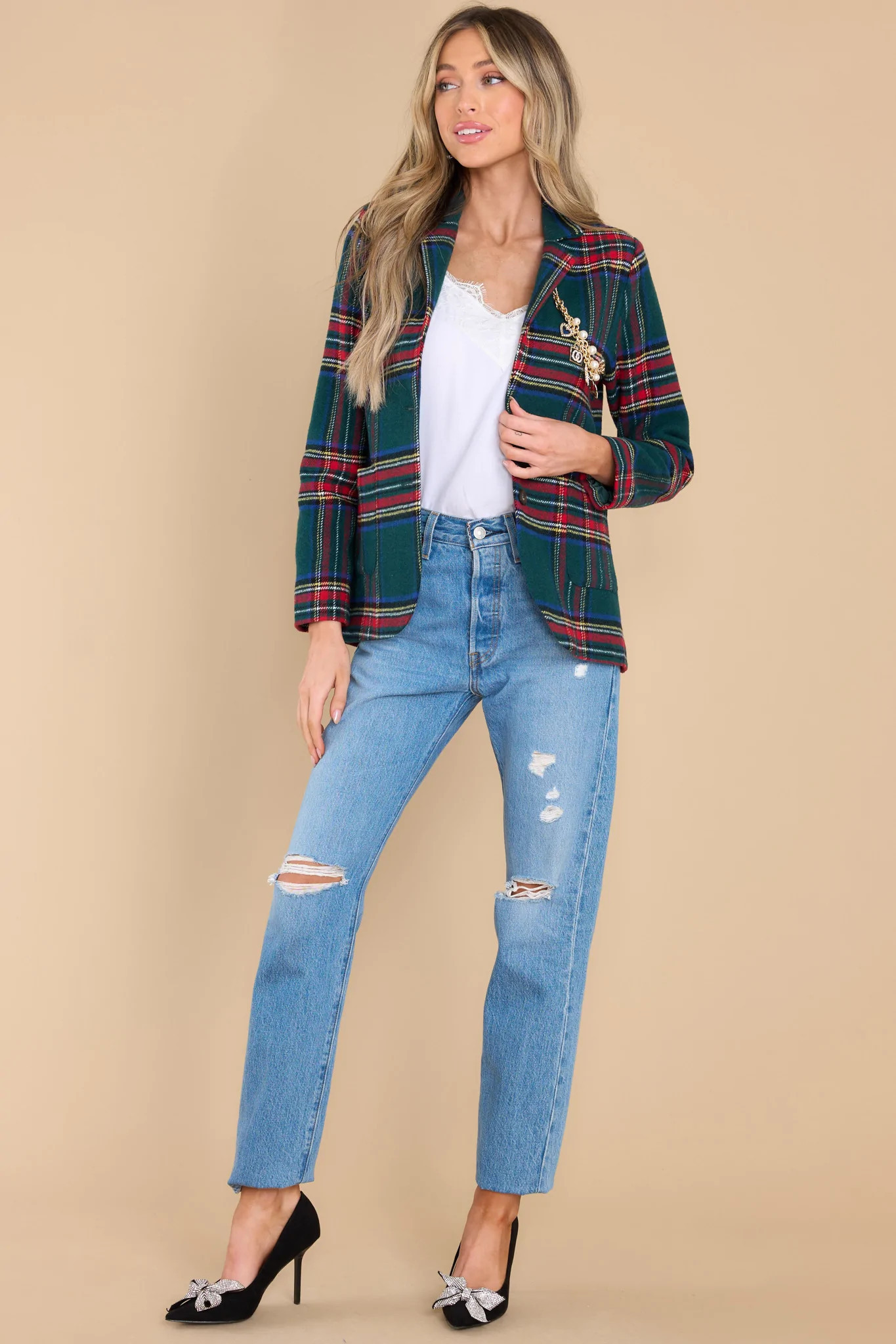 Dressed In Time Green Plaid Blazer | Red Dress 
