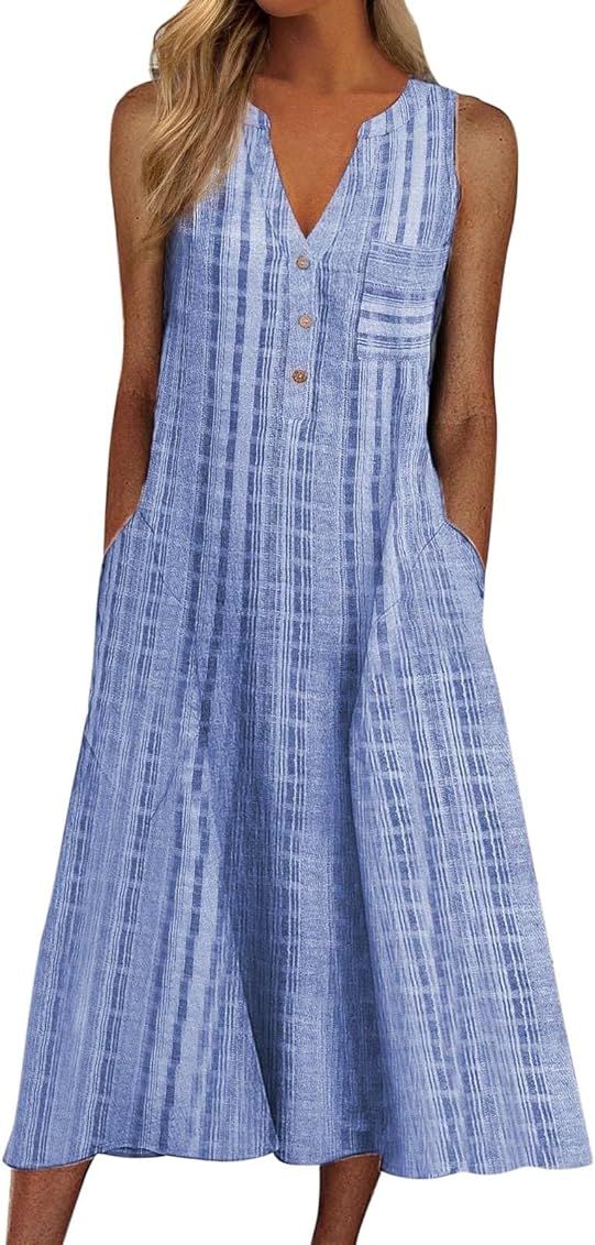 Women Casual Summer Stripe Button V Neck Sleeveless Pocket Long Dress Holiday Dress Floral Beach Par | Amazon (US)