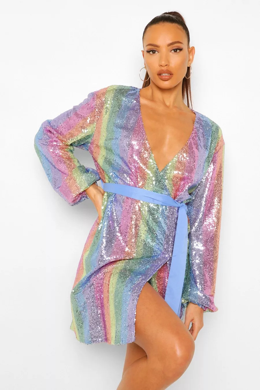 Tall Rainbow Striped Sequin Wrap Belted Mini Dress | Boohoo.com (US & CA)