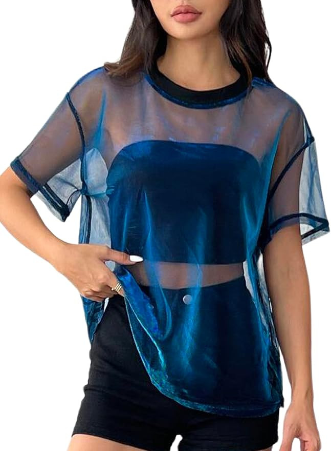 OYOANGLE Women's See Through Top Metallic Mesh Sheer Short Sleeve Rave T-Shirt | Amazon (US)