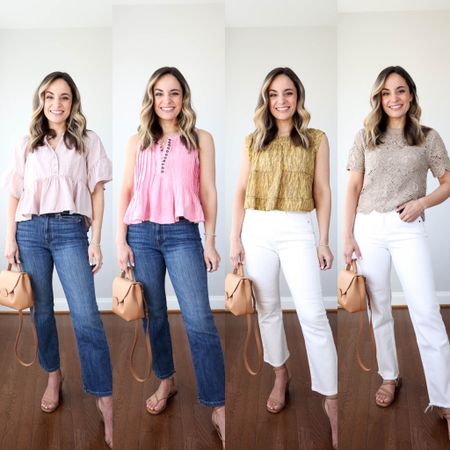 Petite-friendly spring tops! 

Outfits from left 
Outfit 1: 
Peplum top: petite xs 
AYR: 24, 25” inseam 
Loft wedges: tts 

Outfit 2: 
Pink top: petite xxs 
AYR jeans: 24, 25”’inseam 
Tkees sandals: size up if in between sizes 

Outfit 3: 
Yellow top: petite xxs 
Loft jeans: petite 24 
Loft wedges: tts 

Outfit 4:
Abercrombie top: xxs 
Abercrombie mid-rise jeans: 24 extra short 
Dolce vita sandals: tts 

Bag is polene un nano, I’m unable to link it. 

My measurements for reference: 4’10” 105lbs bust, waist, hips 32”, 24”, 35” size 5 shoe 

#LTKstyletip #LTKSeasonal