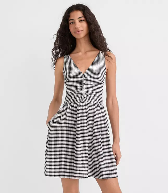 Gingham Ruched Mini Pocket Dress | LOFT