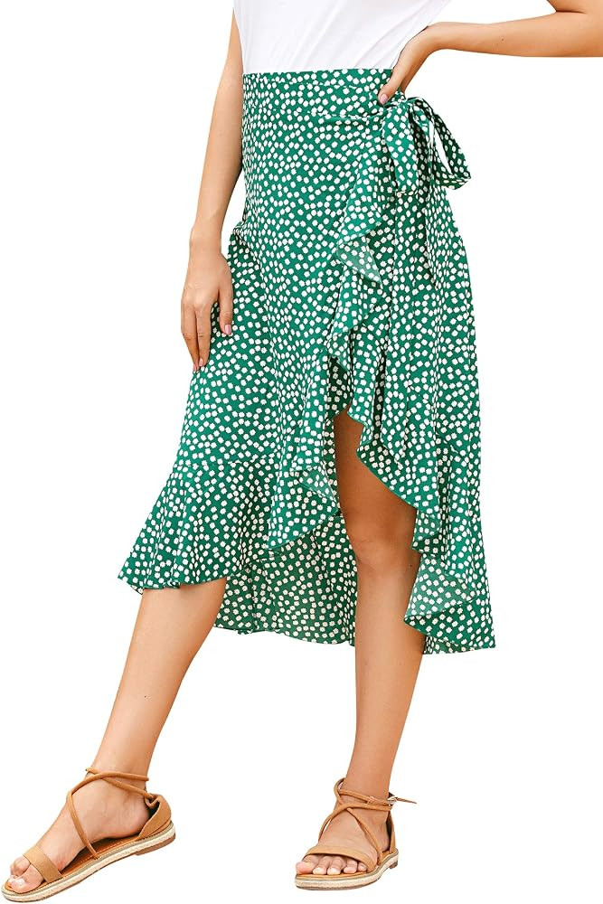 LYANER Women's Boho Floral Print Wrap Front Self Tie Knot Ruffle Hem Split Midi Skirt | Amazon (US)