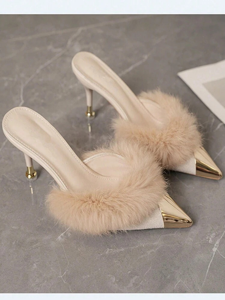 Women Mules Heels Fluffy Decor Pointed Toe Slip On Backless Slides, Fashion Casual Mules For Fall/Winter,Sexy,Women Pumps,Elegant,Party Outfits | SHEIN