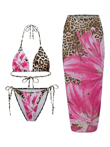BEAUDRM Women's 3 Piece Leopard Floral Bikini Sets Cheetah Halter Triangle Tie Back Swimsuit with Cover Up Skirt Multicolor Small | Amazon (US)