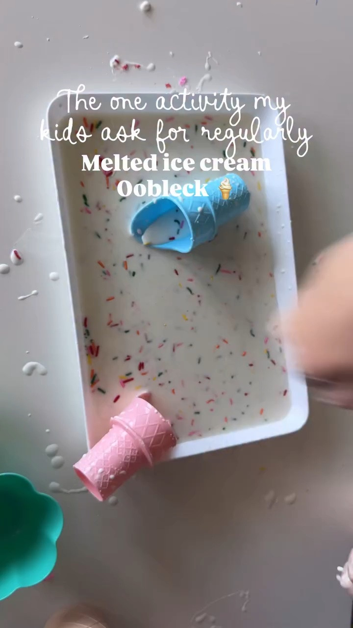 Melted ice cream + a little magic = the sweetest sensory play 🍦✨
My kids spent forever mixing, squishing, scooping, and adding the cutest little sprinkles to their “melted ice cream” oobleck today. Simple activities like this always end up being the funnest ones 🤍

What you need 
• Cornstarch
• Water
• Food coloring
• Pom poms or play sprinkles
• Ice cream cones/cups for pretend play

Messy hands, happy hearts, and lots of imagination 💕

#craftymom #summeractivities #summerfun #momwin #summeressentials summertime sensory play sensory time

#LTKKids #LTKSeasonal #LTKmomlife