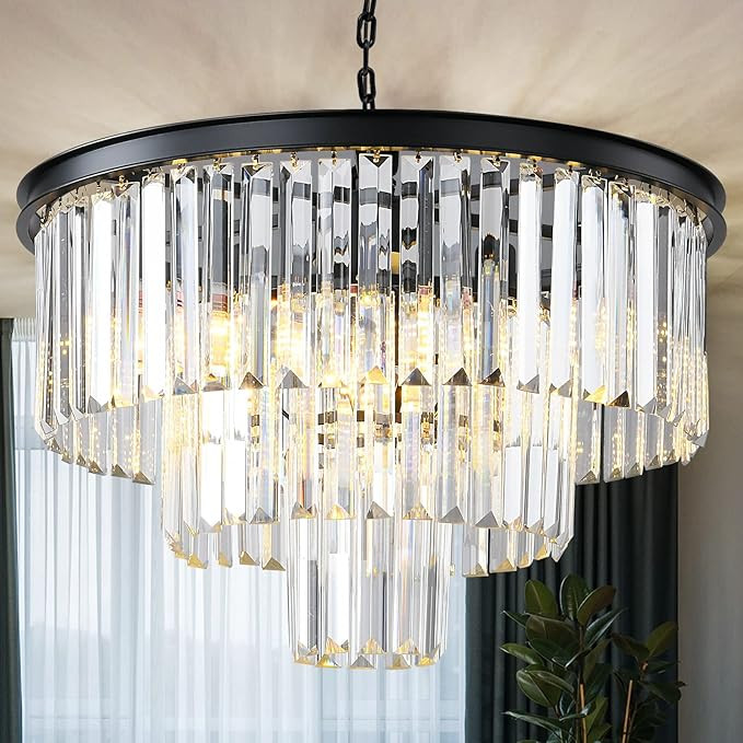 Laiuetai Black Modern Crystal Chandelier, 3-Tier Round Flush Mount Ceiling Light Fixtures Height ... | Amazon (US)