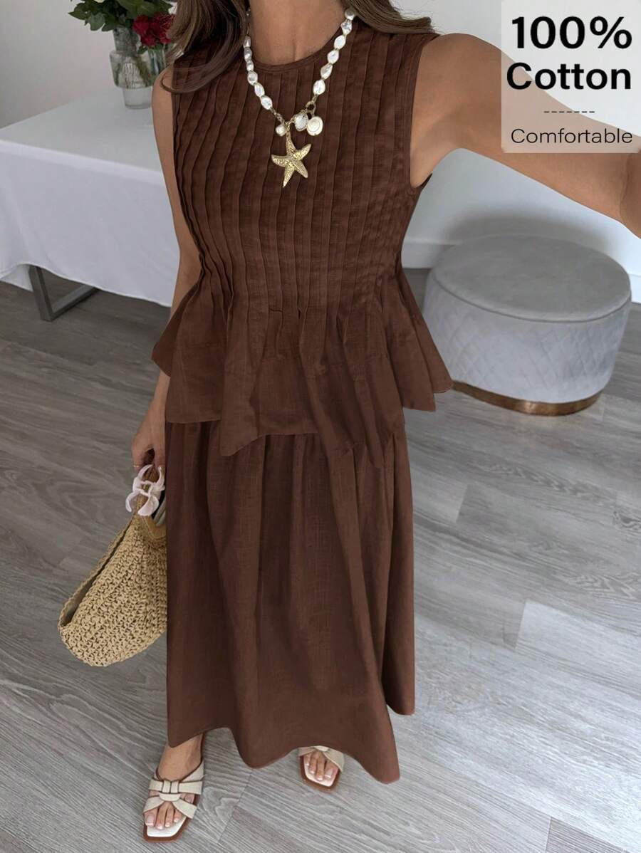 Siren Gaze Women's Luxury Jacquard A-Line Wrinkle Resistant Ruffled Hem Sleeveless Shirt And Mini... | SHEIN