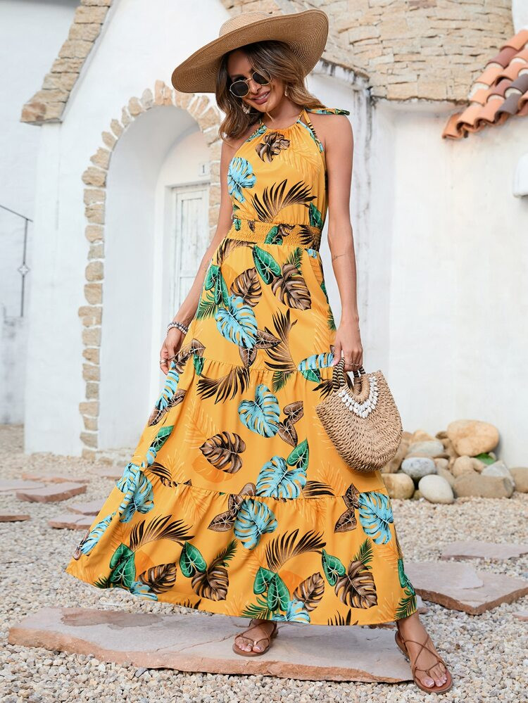 Tropical Print Shirred Waist Flounce Hem Dress | SHEIN