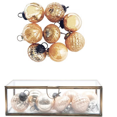 Storied Home Embossed Mercury Glass Ornaments in Brass and Glass Display Box, Antique Gold Finish and Blush | Target