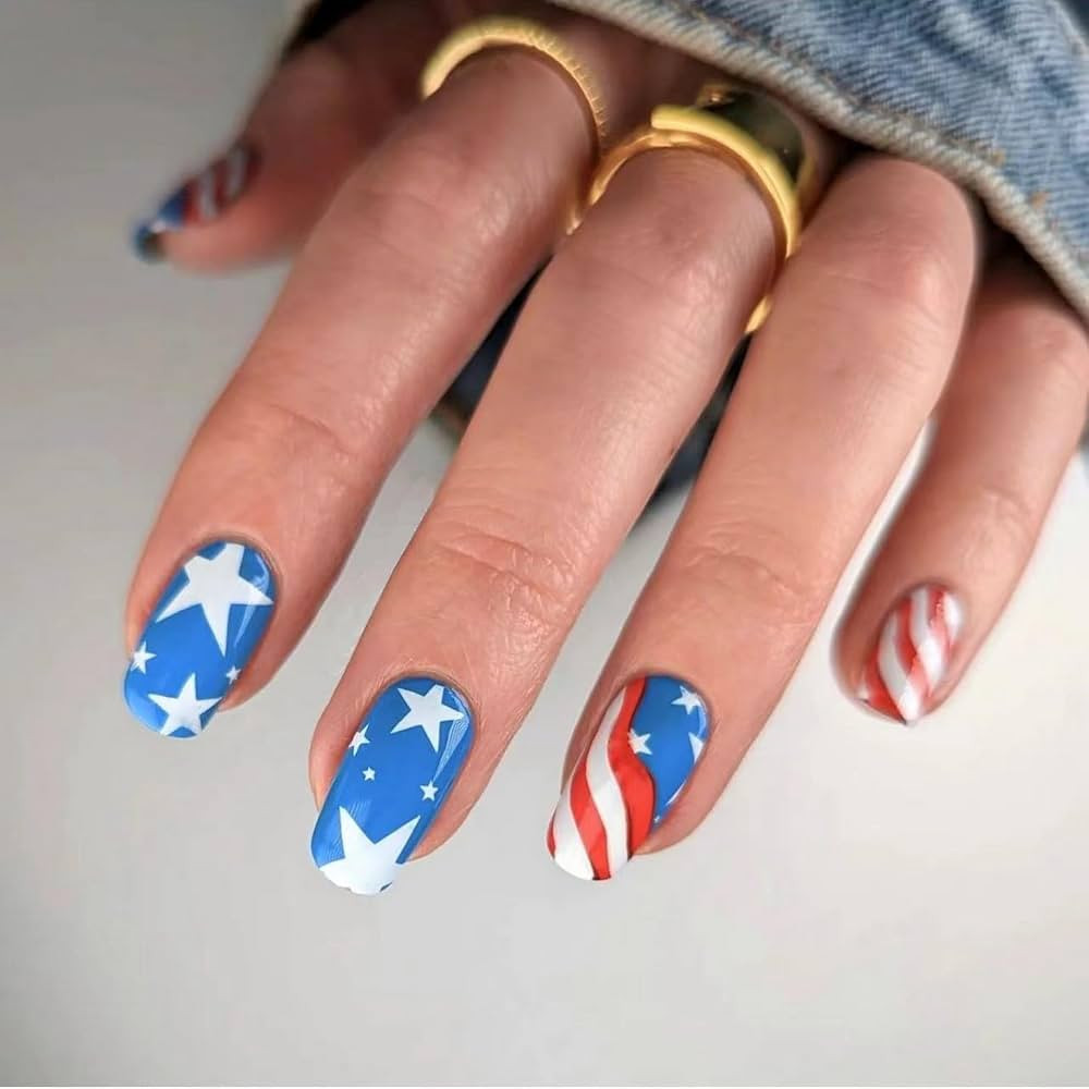 4th of July Press on Nails Short Square Fake Nails with Star and Swirl Designs Independence Day F... | Amazon (US)
