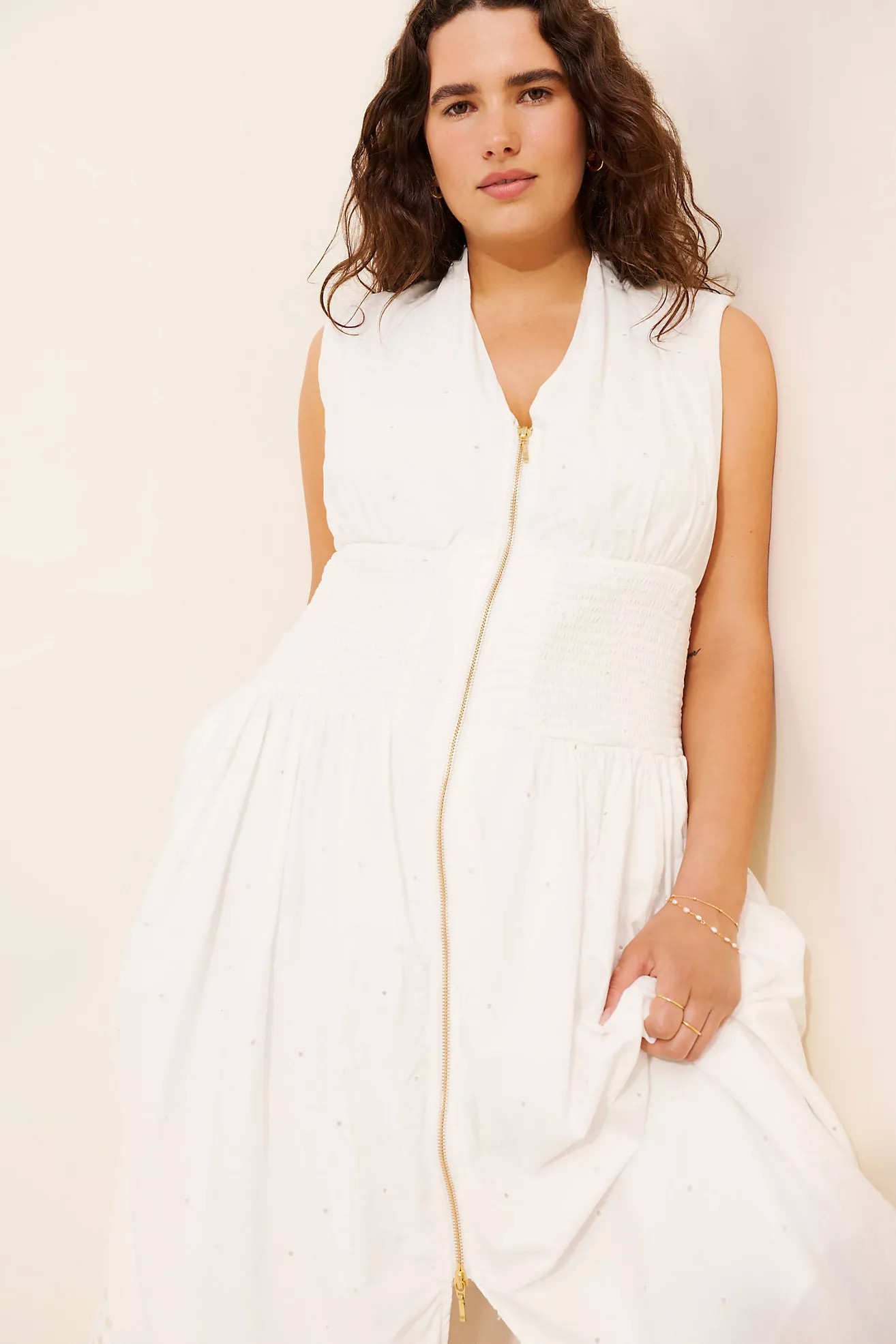 Maeve The Tommie Cap-Sleeve Smocked Front-Zip Shirt Dress: Eyelet-Trim Edition | Anthropologie (US)
