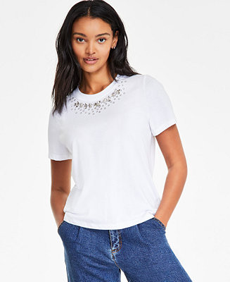 On 34th Women's Embellished-Neck T-Shirt, Created for Macy's - Macy's | Macy's