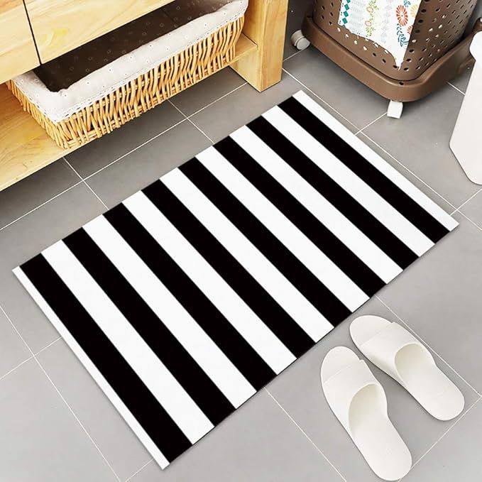 FAMILYDECOR Black and White Stripes Fabric Door Mat Rug Indoor/Outdoor/Front Door/Shower Bathroom... | Amazon (US)