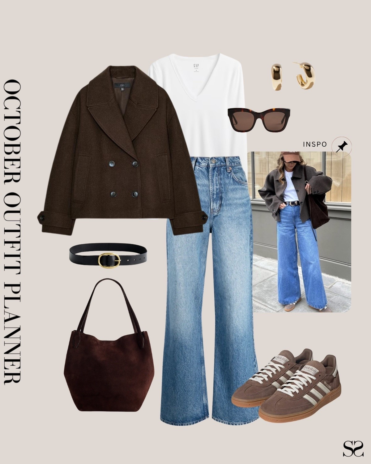 Monthly outfit planner NOVEMBER: Fall outfits | wool cropped peacoat, wide leg jeans, sneaker, suede tote 

#falloutfit #classicstyle #casualstyle 

Image inspo credit: Pinterest 

#LTKStyleTip #LTKSeasonal