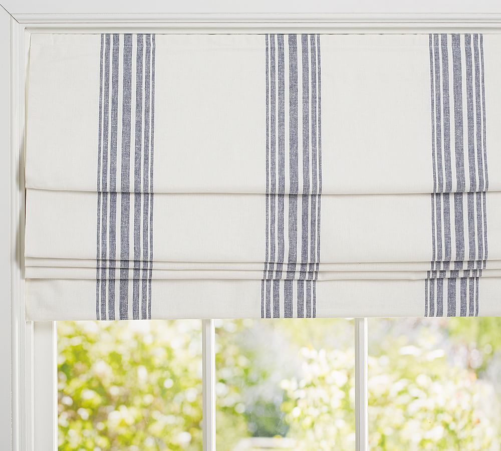 Riviera Striped Linen Cotton Cordless Roman Blackout Shade | Pottery Barn (US)