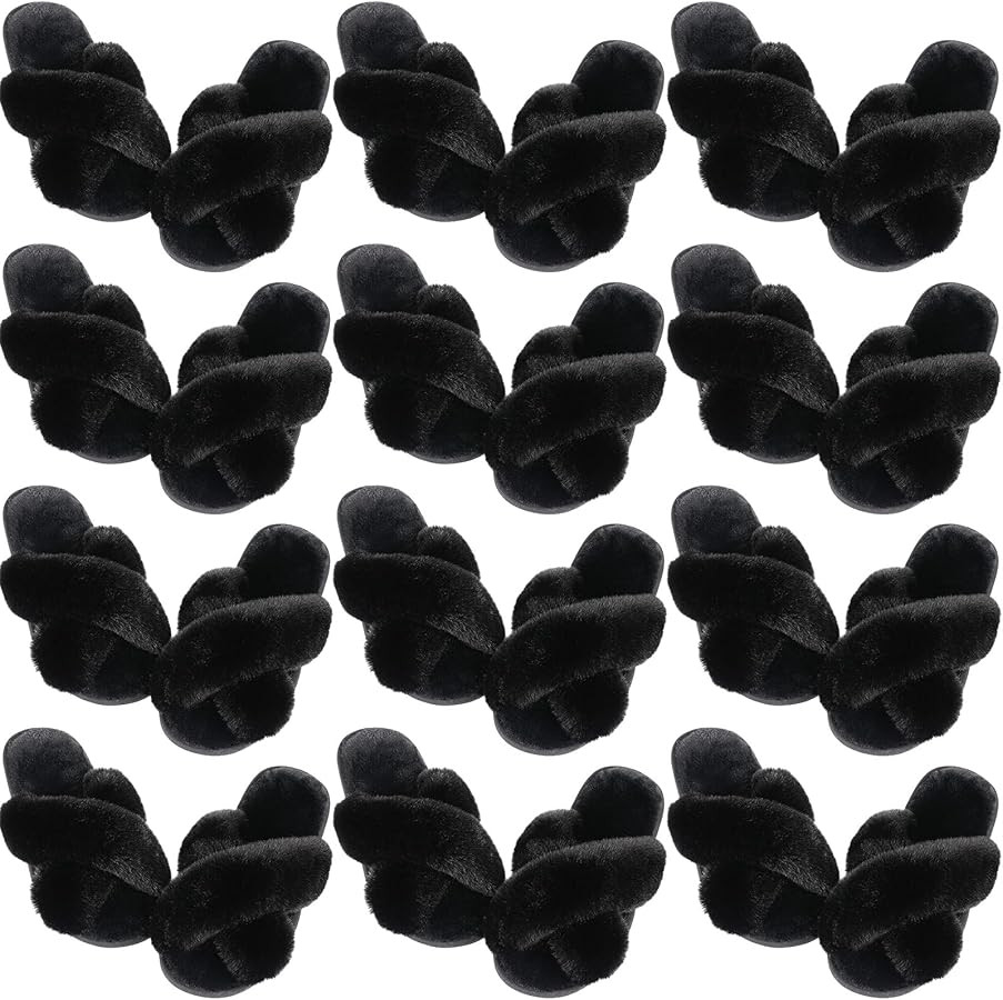 12 Pairs Women's Fuzzy Slippers Cross Band Open Toe Bridesmaid Fluffy Comfy House Slippers for In... | Amazon (US)