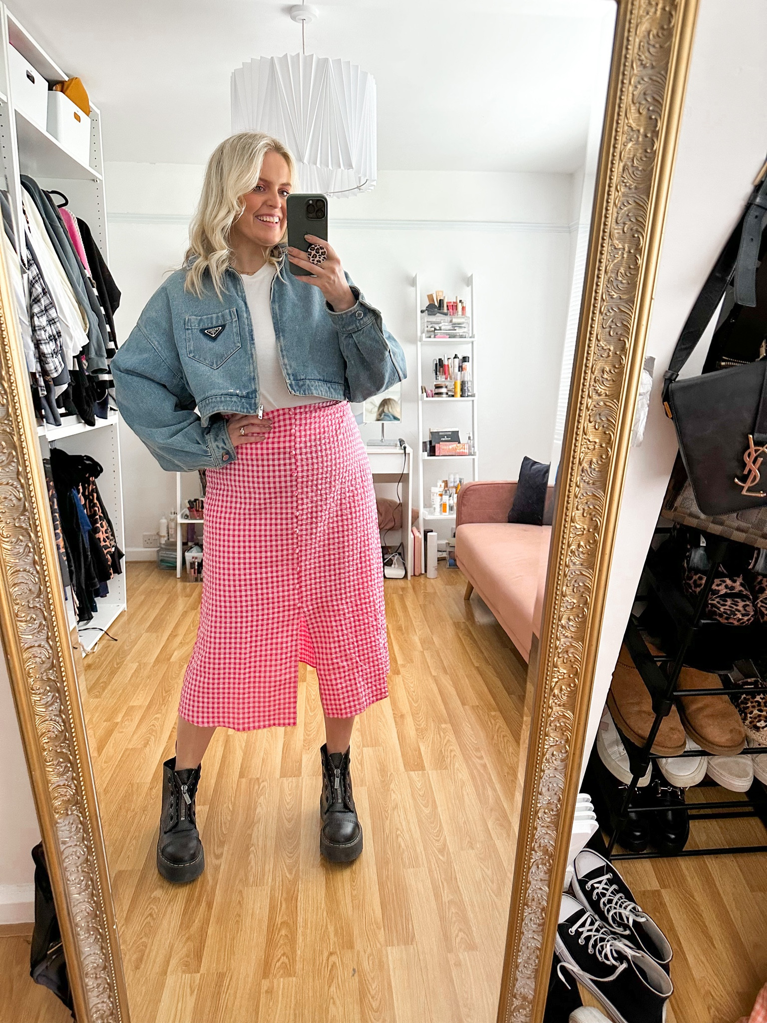 White t-shirt, bodysuit, cropped denim jacket, checkered split skirt, black boots 

#LTKeurope #LTKSeasonal #LTKstyletip