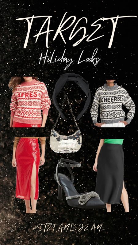 Target Holiday Outfits
sequin skirt | cozy apres ski cheers sweater | rhinestone heels | sequin purse | bow headband | Christmas party 

#LTKsalealert #LTKHoliday #LTKparties