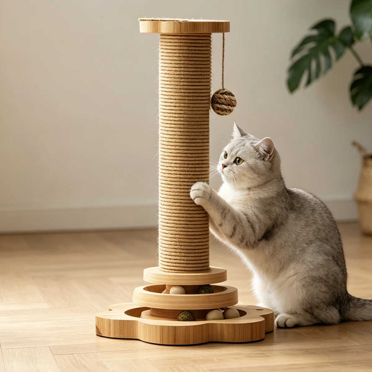 Cat Scratching Post Solid Wood Waterproofing Base Cat Scratcher Tree Tower With Cat Toy And Inter... | Wayfair North America