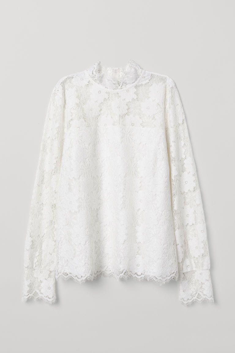 H & M - Long-sleeved Lace Top - White | H&M (US + CA)