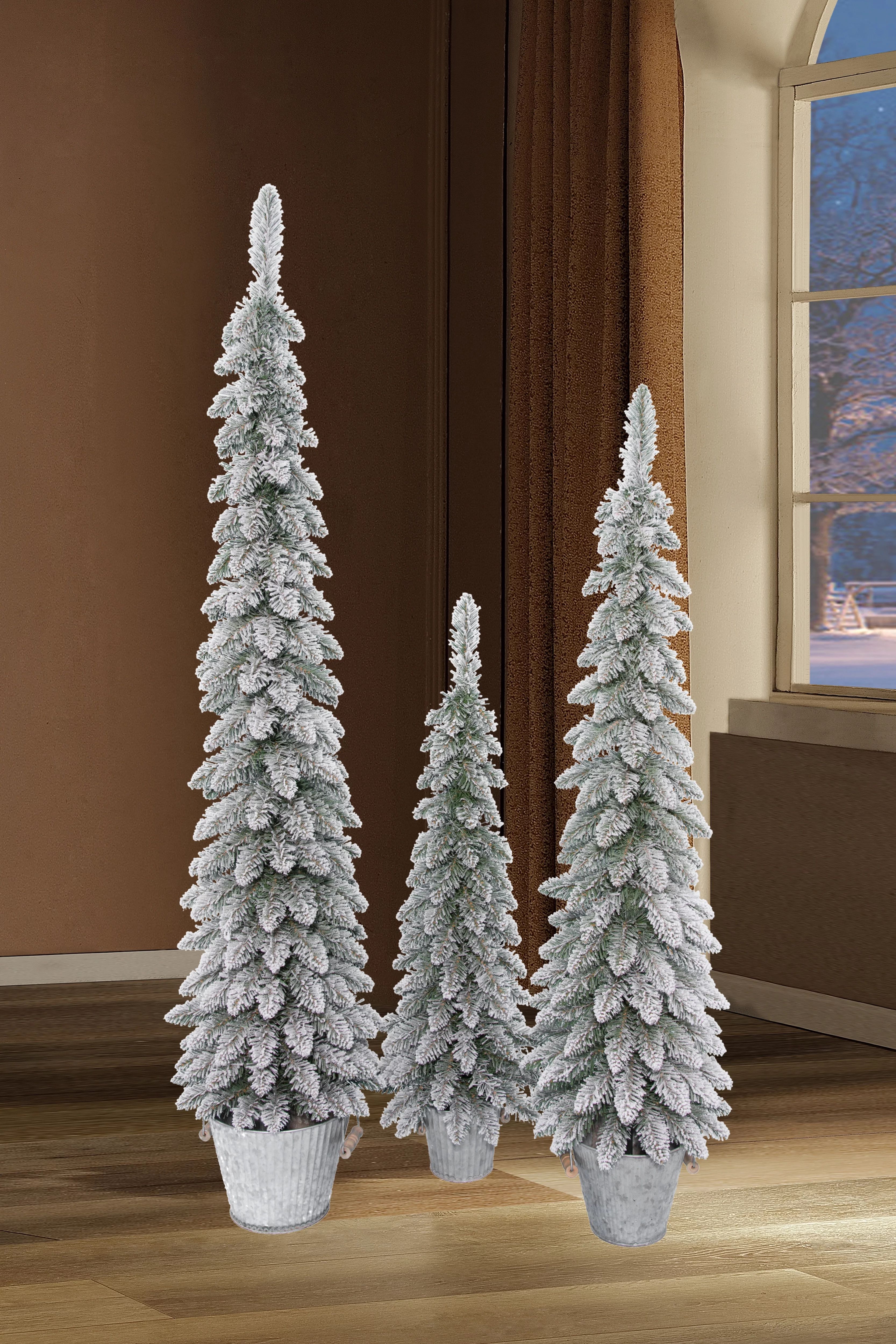 Artificial Flocked Christmas Trees with Decorative Galvanized Pots, 3 ft/4 ft/5ft, Set of 3, by H... | Walmart (US)