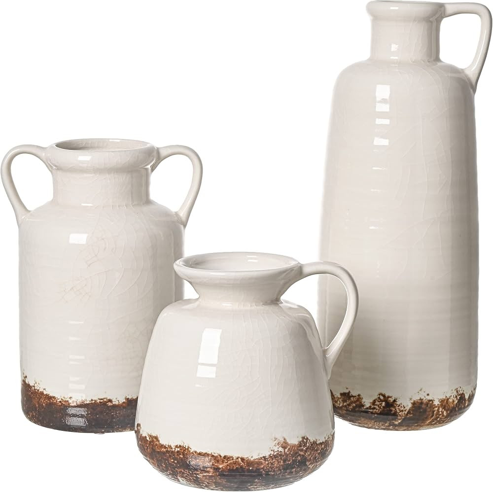 TERESA'S COLLECTIONS Rustic Ceramic Vase for Home Decor, Tall White Farmhouse Pottery Vases for M... | Amazon (US)
