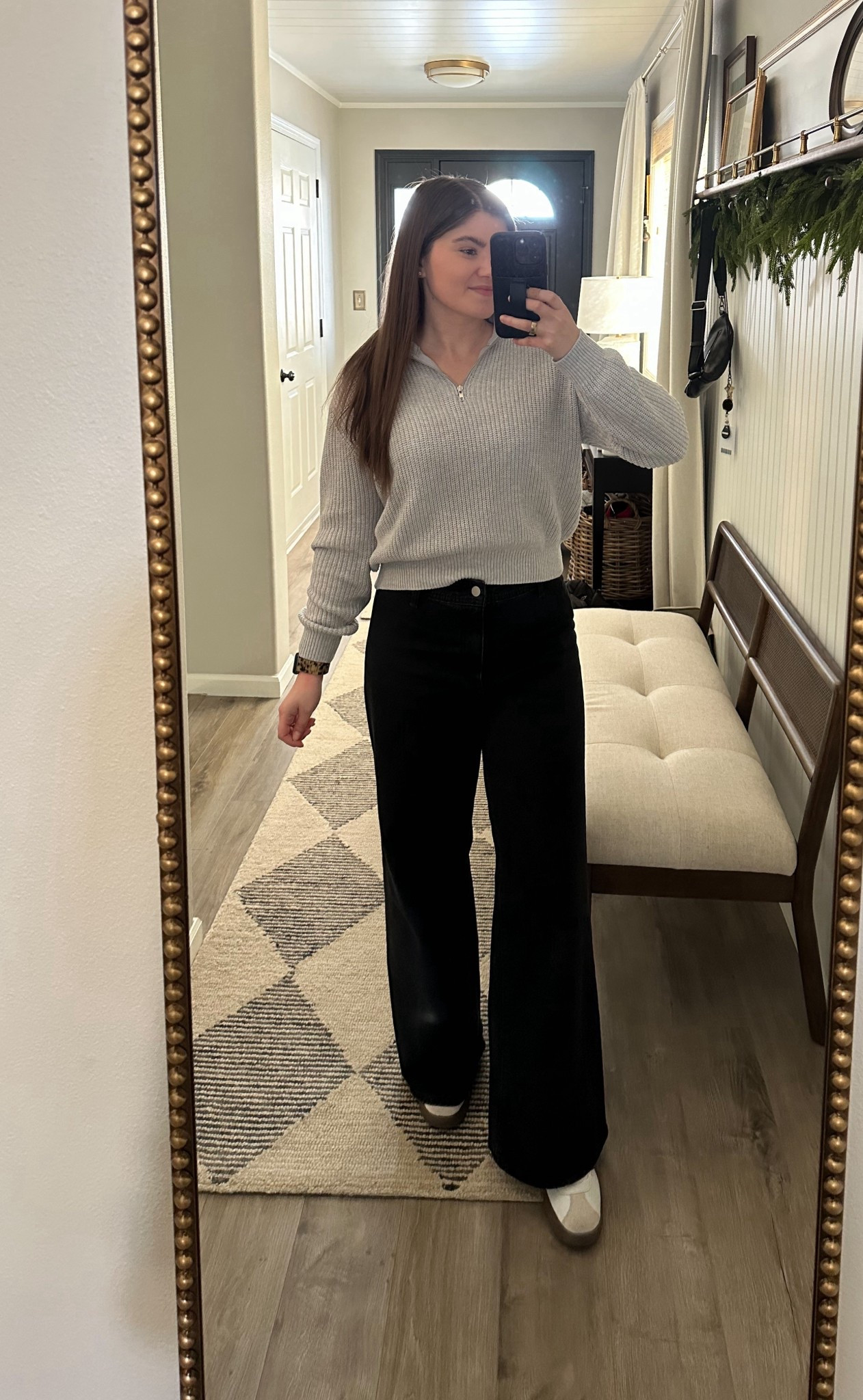 Work outfit of the day 

Black wide legged sailor pants, black jeans, grey knit quarter zips adidas court sneakers, affordable fashion, winter fashion, teacher outfit 

#LTKPetite #LTKWorkwear #LTKootd