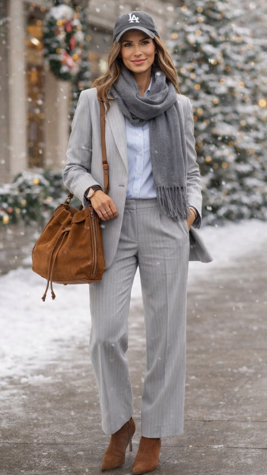 Winter suiting done right! ❄️ 

Obsessed with how this gray pinstripe suit translates from office to street style. The key? 

Mixing tailored polish with cozy winter essentials.

The gray scarf adds warmth without sacrificing the clean lines of the suit, while the brown suede ankle boots and matching bag bring in that perfect touch of texture and contrast. And yes, the LA cap makes it feel effortlessly cool – because winter workwear doesn’t have to be stuffy!

This outfit proves you can look polished AND stay warm. The blue striped shirt peeking through adds just enough color interest while keeping the palette sophisticated.

#LTK #LTKworkwear #LTKstyletip #LTKseasonal #LTKitbag #LTKshoecrush #winterworkwear #suitstyle #officestyle #winterfashion #workwearinspo #tailoredstyle #businesscasual #winterlayers #styleinspo #ootd #pinstripesuit #capstyling

#LTKSaleAlert #LTKdayinmylife #LTKPlusSize