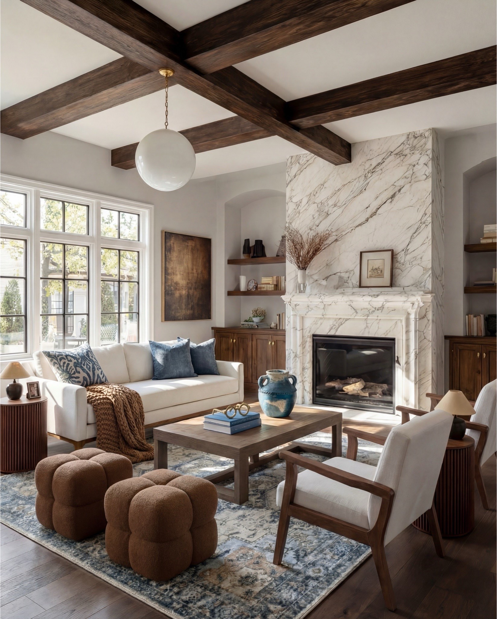 This living room feels warm, grounded, and quietly elevated. Dark wood ceiling beams and a marble fireplace create a timeless architectural backdrop, while soft cream upholstery and layered neutral textiles keep the space feeling relaxed and livable. Sculptural accents, subtle brass touches, and earthy tones add depth without overpowering the calm palette, creating a room that feels both classic and welcoming.

The styling is balanced and intentional—natural wood finishes, cozy textures, and vintage-inspired details that bring warmth and character while still feeling fresh and modern.

Shop the Look:
• Cream upholstered sofa (clean modern lines)
• Wood frame accent chairs with light neutral cushions
• Warm brown boucle cube ottomans
• Medium wood square coffee table
• Blue and beige vintage-style area rug
• Marble fireplace surround (white with soft veining)
• Dark wood ceiling beams
• Round wood fluted side tables
• Small ceramic table lamps (warm neutral base)
• Blue ceramic decorative vase
• Neutral textured throw blanket (warm brown)
• Blue linen accent pillows
• Floating wood wall shelves
• Wood storage cabinet with brass bird knobs
• Abstract neutral wall art (warm brown tones)
• White globe pendant light

#LTKSaleAlert #LTKHome