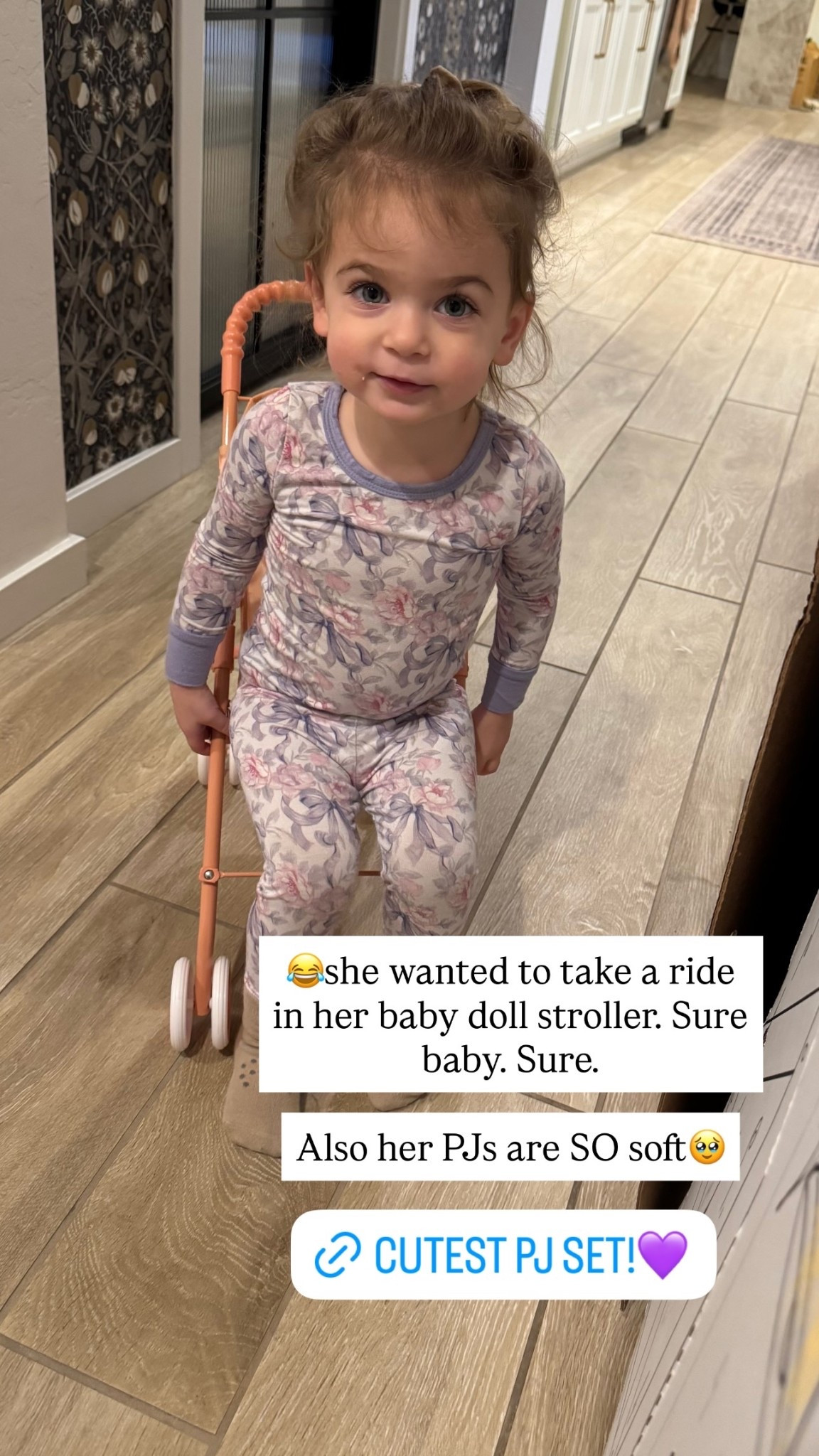 😂she wanted to take a ride in her baby doll stroller. Sure baby. Sure. 

Also her PJs are SO soft🥹 @cadenlane